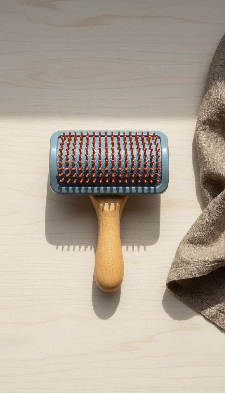 Professional dog grooming brush, Products photographed on sturdy wooden surfaces near diffuse window light—a classic...