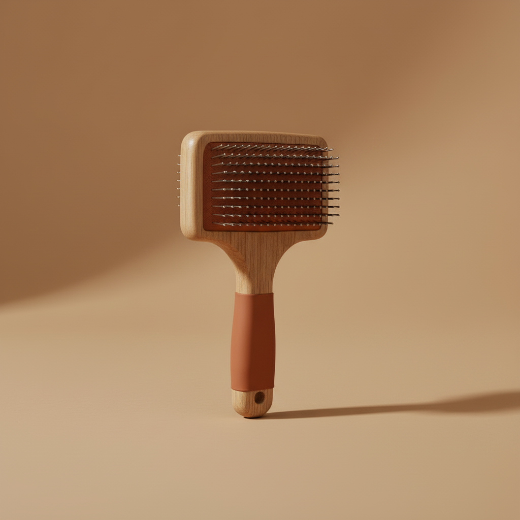 Alternate angle view of Natural Oak Pet Pin Brush with Terracotta Silicone Base