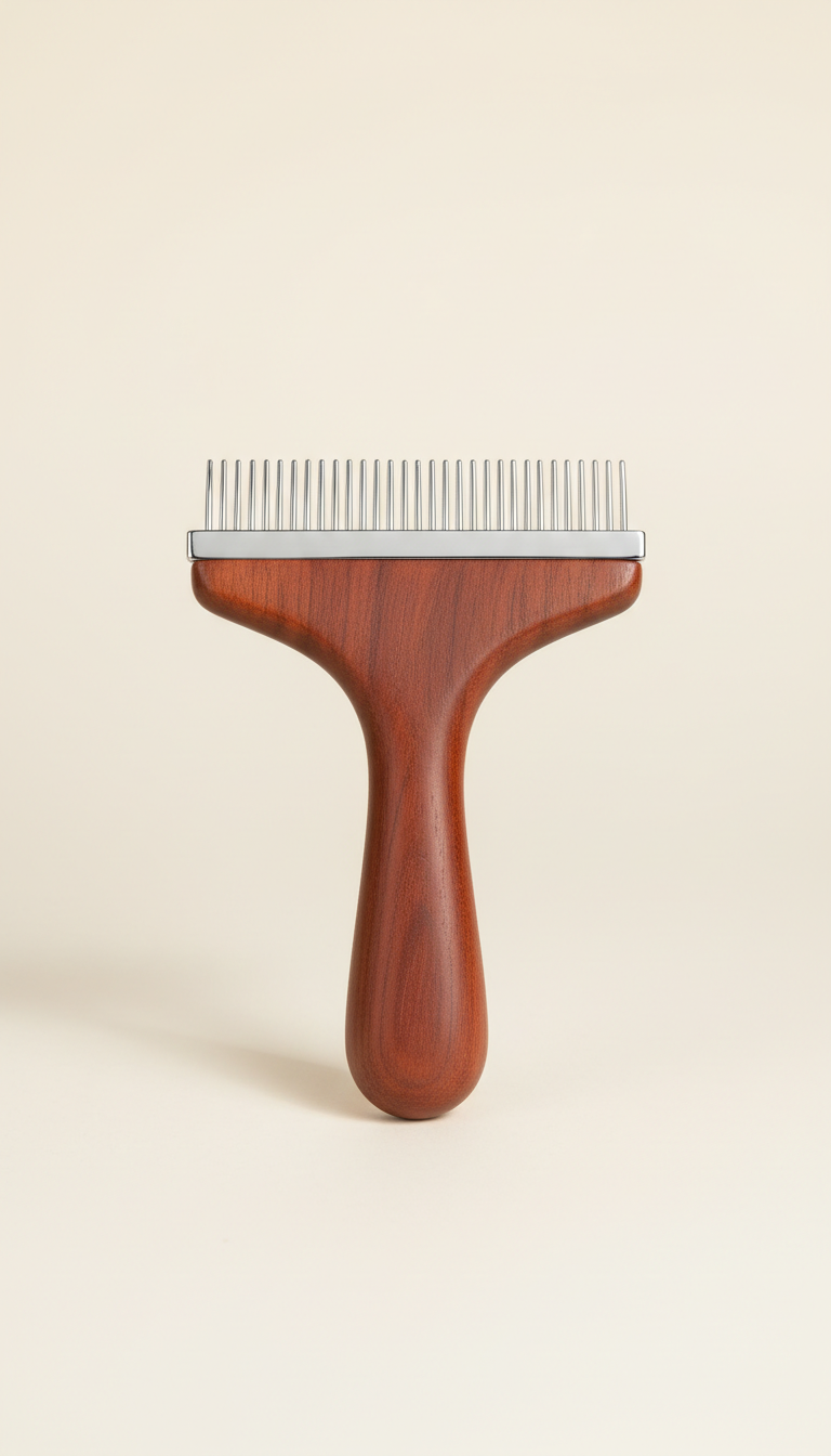 High-quality pet grooming comb centered against a neutral ivory background. The comb features polished metal teeth and a...