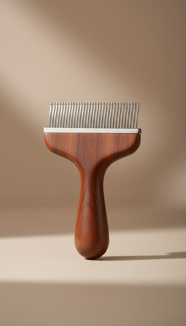 A premium pet grooming comb, perfectly centered against a soft, emphasizing its quality and design. The subtle shadow...