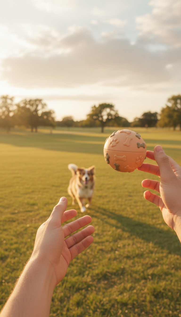 Peach Silicone Rolling Dog Ball in use