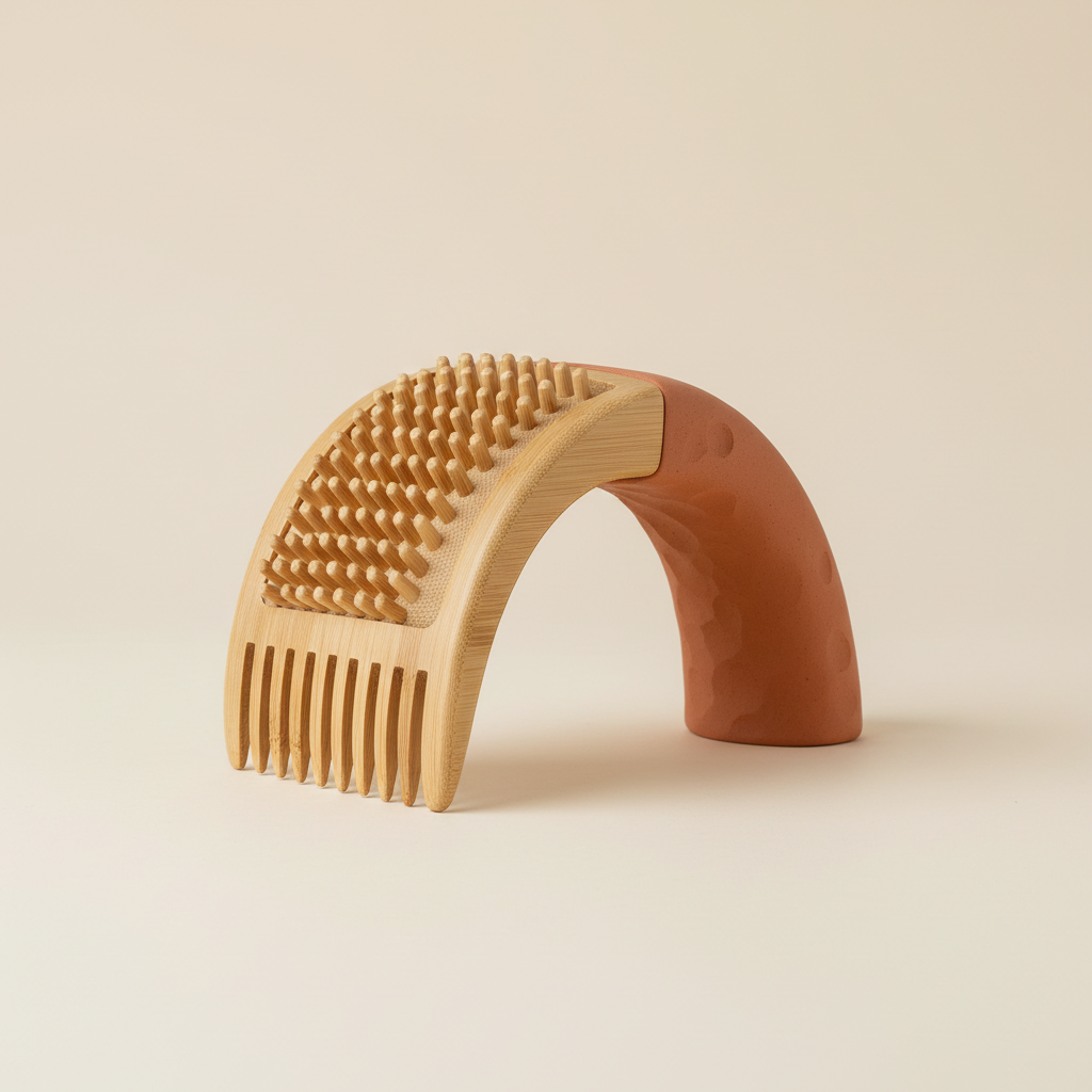 Curved bamboo shedding comb with a terracotta-colored handle accent from the "Daily Grooming Essentials" collection:...