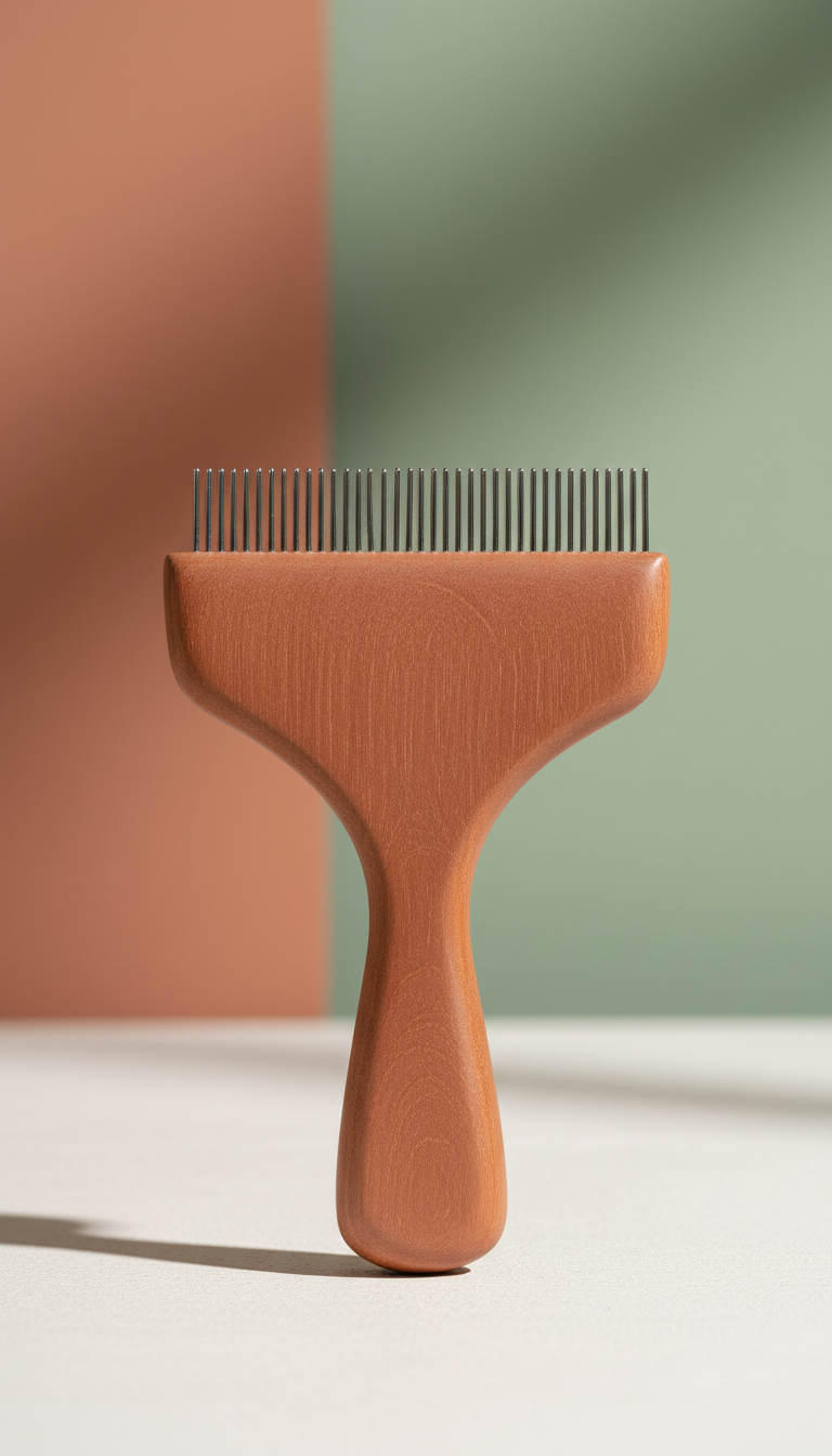 Pet grooming comb, perfectly centered against a minimalist, earthy backdrop. The comb's premium quality and ergonomic...