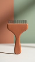 Pet grooming comb, perfectly centered against a minimalist, earthy backdrop. The comb's premium quality and ergonomic...
