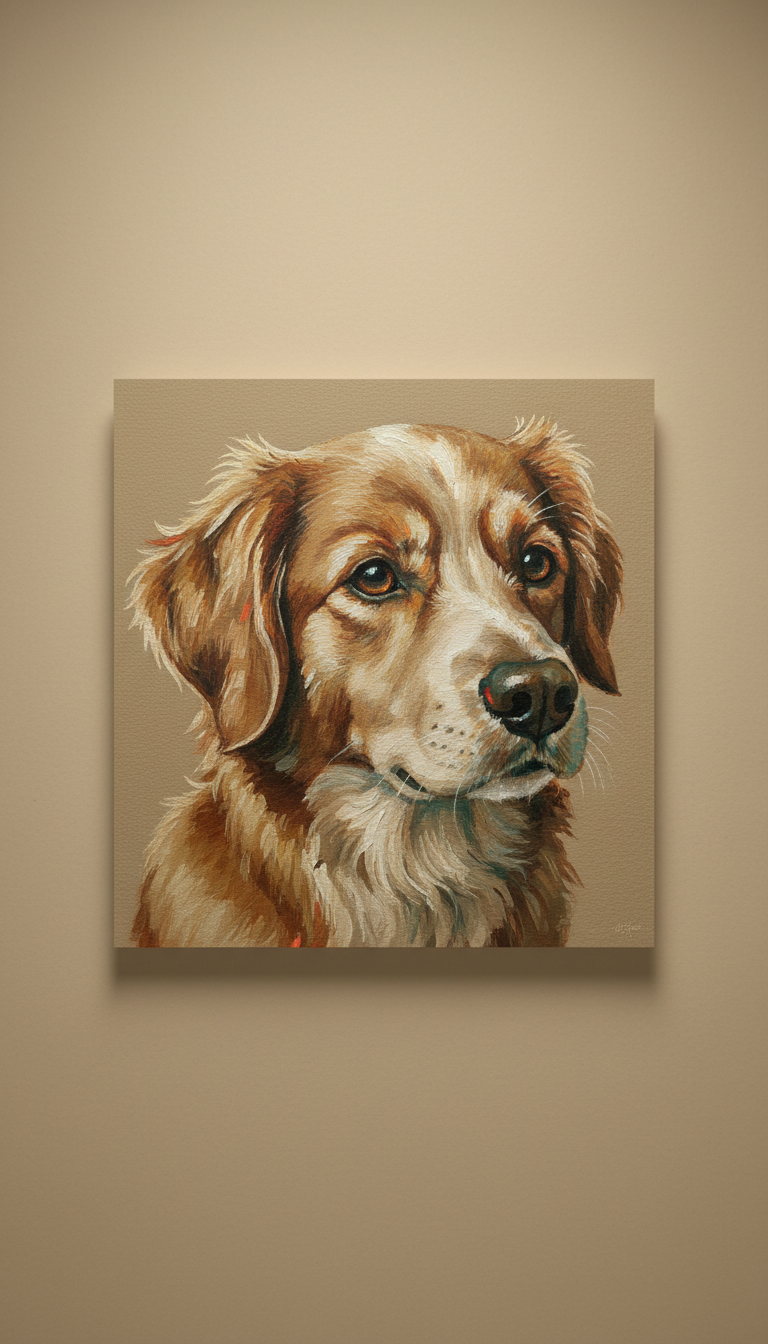 Warm Taupe pet portrait, Use a close-up, 3/4 angle to capture the texture and detail of the hand-painted canvas or art...