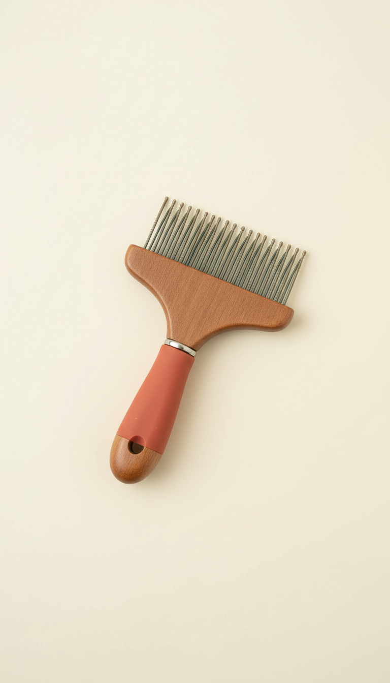 Fur detangling comb for cats and dogs, Three-quarter angle is preferred for product shots: place grooming tools on softly...