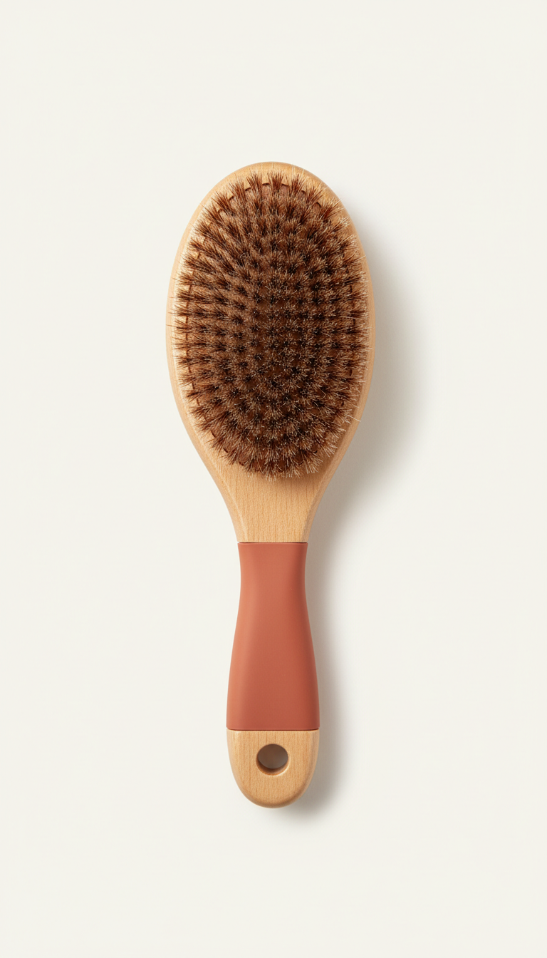 Grooming brush with ergonomic handle, Products photographed at a 3/4 angle on textured surfaces (wooden table or linen...