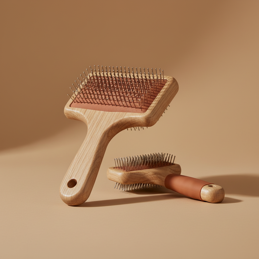 Natural oak pin brush featuring a terracotta-toned silicone base from the "Daily Grooming Essentials" collection:...