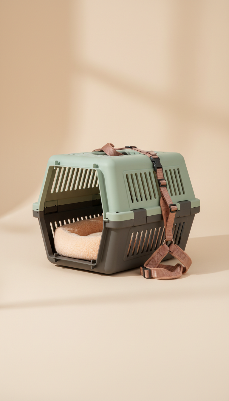 Crash-tested carrier, use a 3/4 angle to showcase the design and functionality of the pet safety accessories, like...