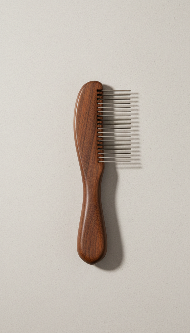 A Whisker & Wag espresso fur comb centered on a clean, neutral Soft Stone background. The comb is perfectly illuminated...